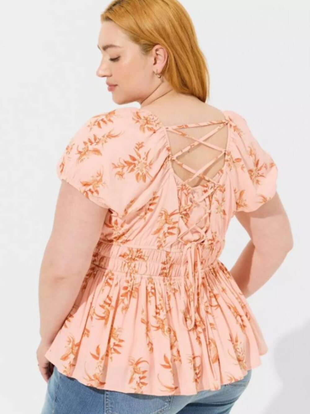 Torrid Crinkle Cris Cross Lace Up Back Floral Peplum Top Blouse 3 3X 22/24 - Picture 2 of 8